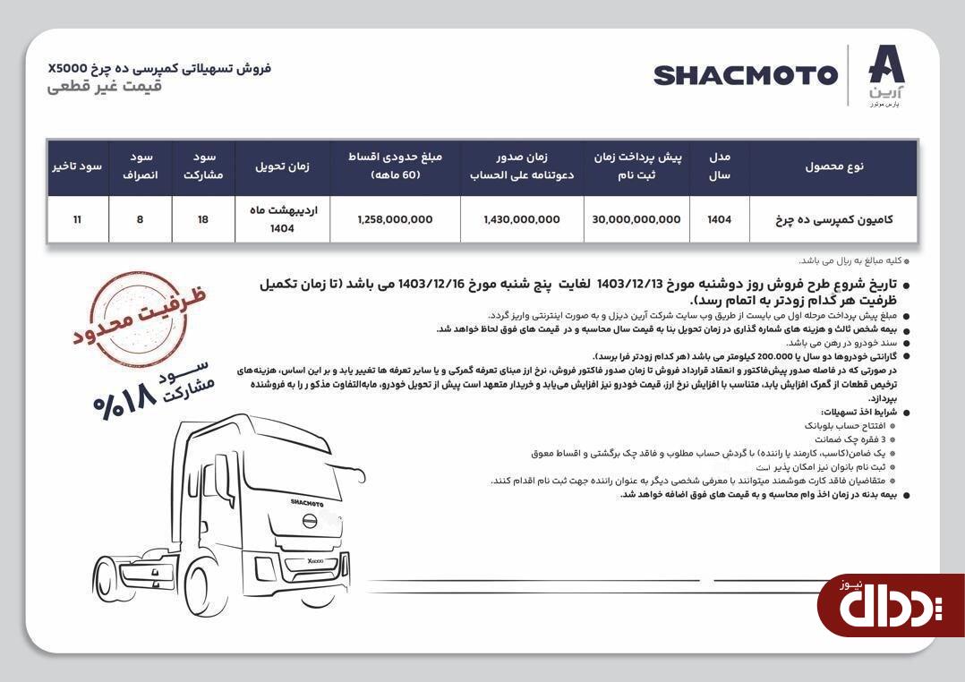فروش اقساطی کشنده و کامیون «شکموتو» +جدول