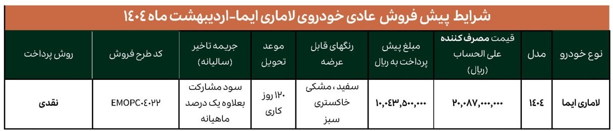بخشنامه پیش فروش لاماری ایما برای دو طذح اعلام شد +جدول