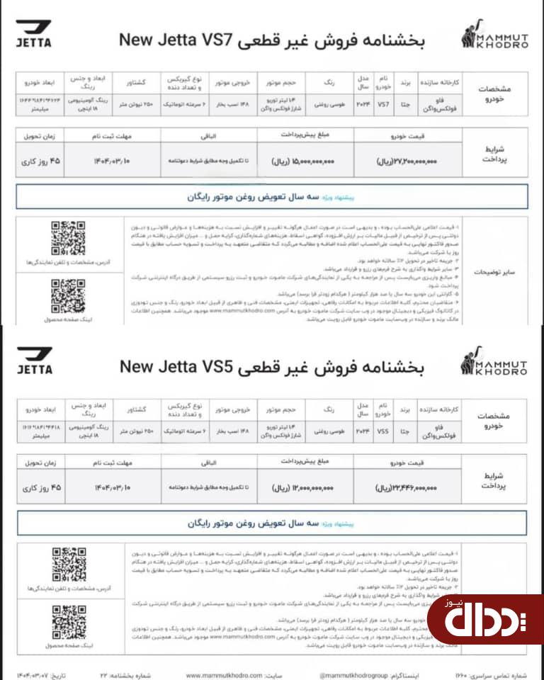شرایط فروش نیو جتا VS۵ و VS۷ ماموت خودرو اعلام شد +جدول