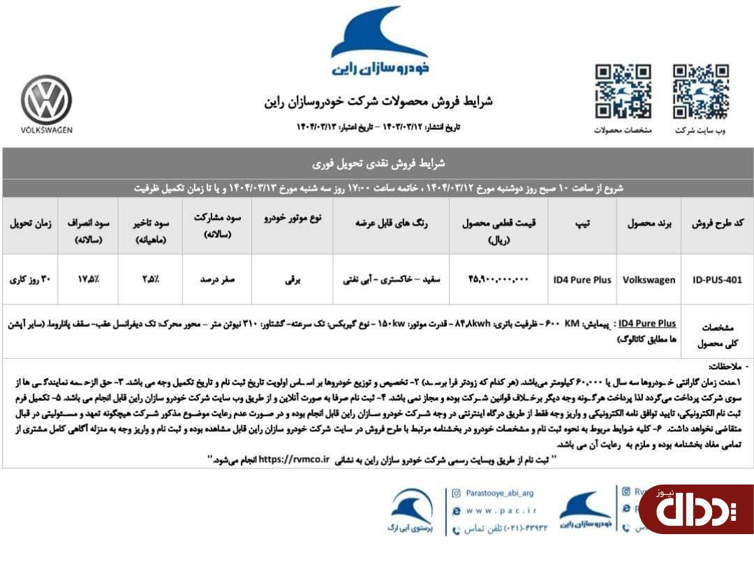 شرایط فروش فولکس واگن ID.4 Pure Plus اعلام شد +جدول