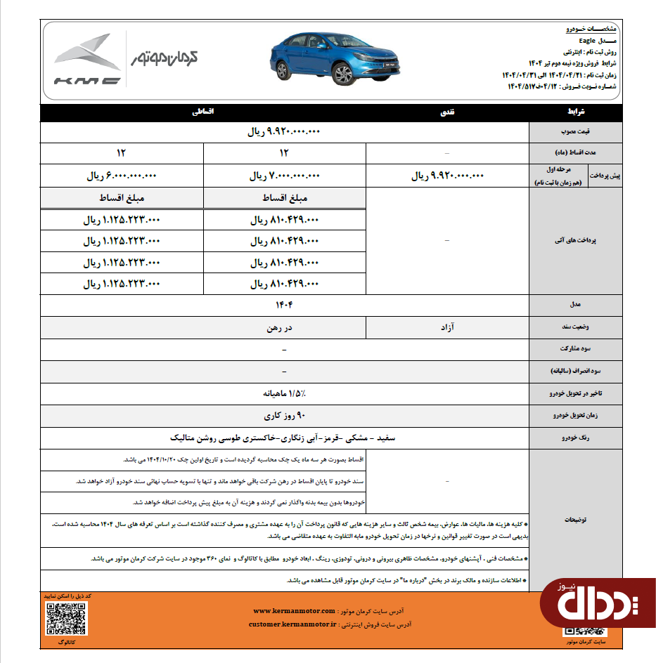فرصت محدود برای ثبت نام سه محصول کرمان موتور +جدول