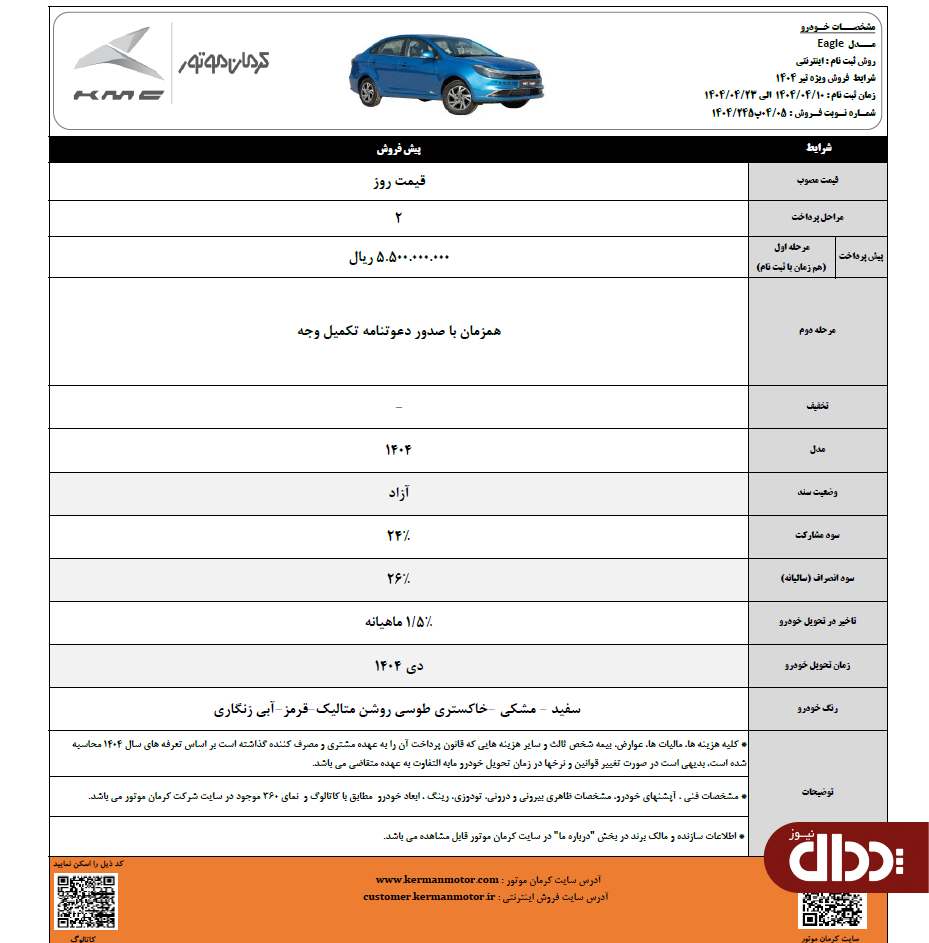 فرصت محدود برای ثبت نام سه محصول کرمان موتور +جدول