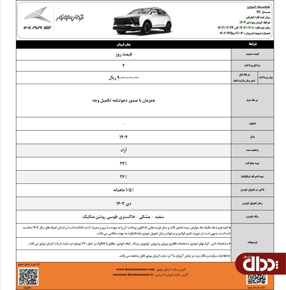 فرصت محدود برای ثبت نام سه محصول کرمان موتور +جدول