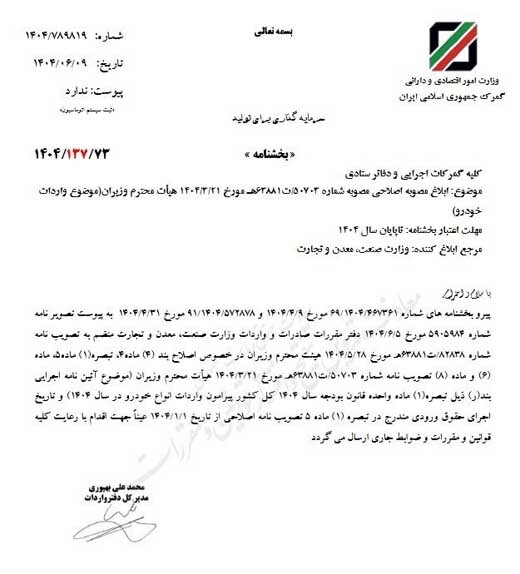 مصوبه اصلاحی واردات خودرو ابلاغ شد + جزئیات