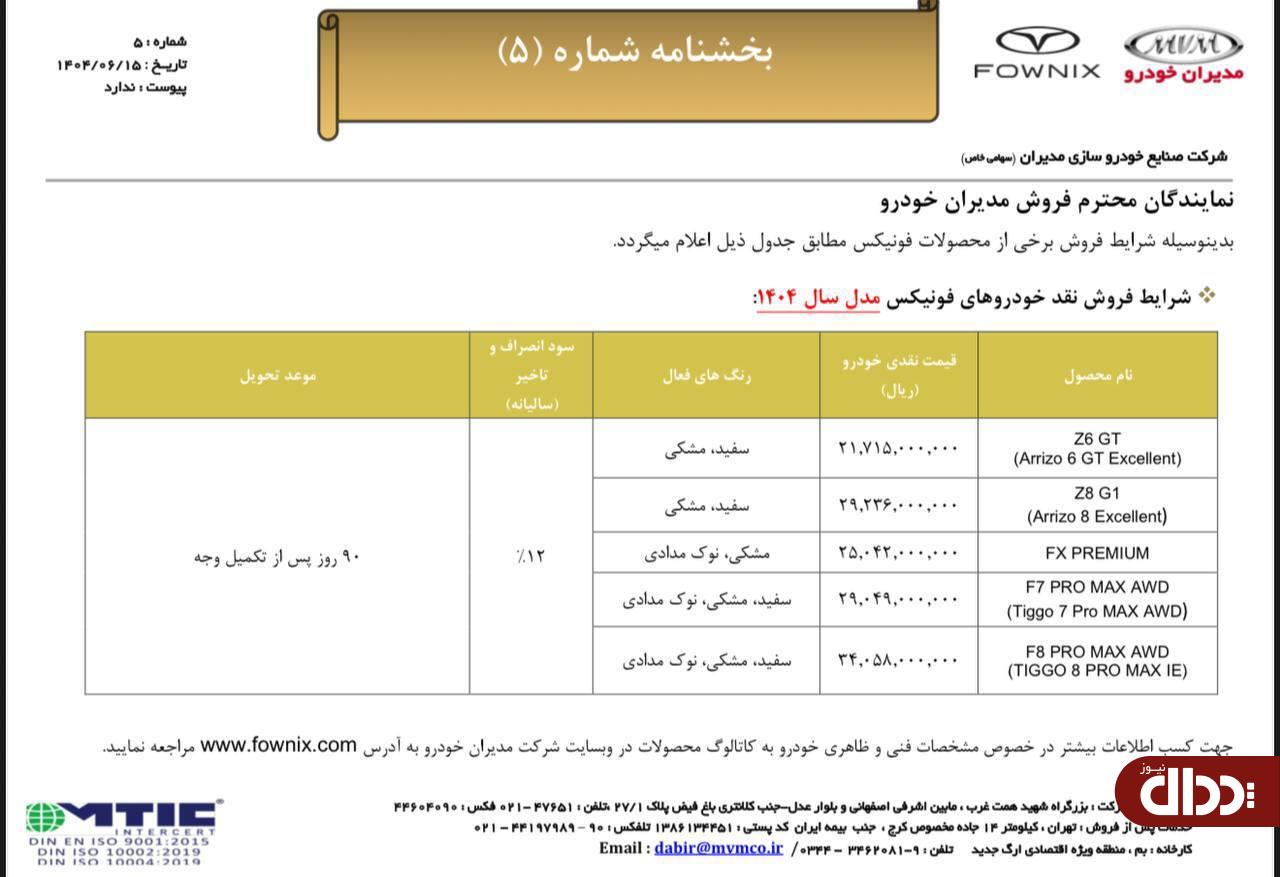 شرایط فروش خودرو‌های فونیکس ویژه شهریور 1404 اعلام شد